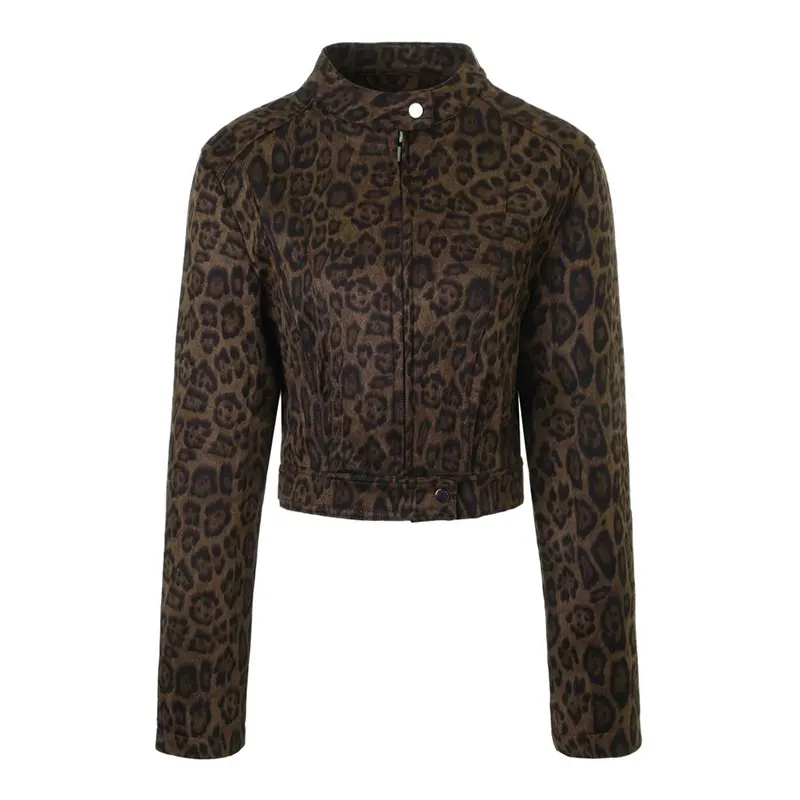 Kurz geschnittene Jacke aus Wildleder mit Leopardenmuster und Rundhalsausschnitt