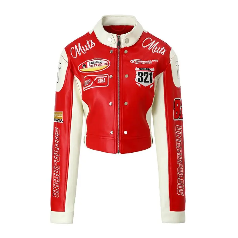 Gestickte rote und schwarze Farbblock-Rennjacke