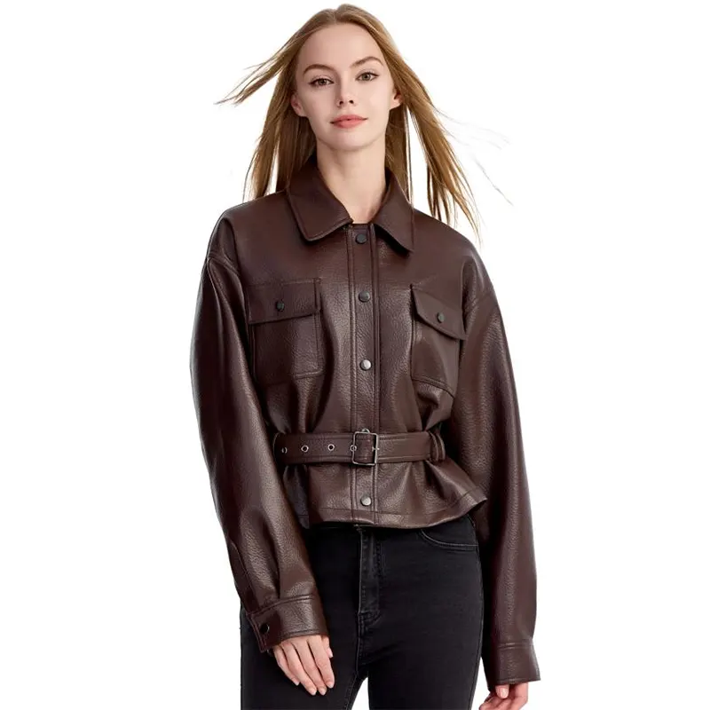 Pebbled Faux Leather Jacket with Belt and Pockets