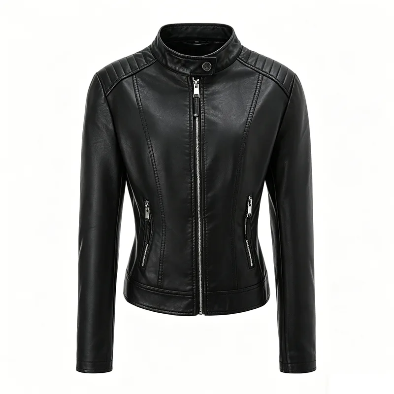 Quilted Shoulder Faux Leather Jacket with Stand Collar