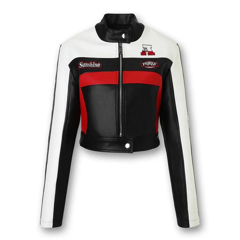 Red Contrast Color Faux Leather Biker Jacket